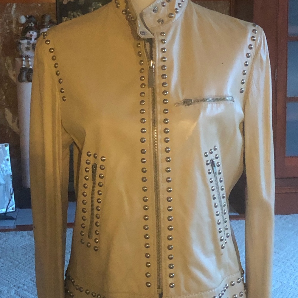 MOSCHINO butter colored studded vintage leather jacket